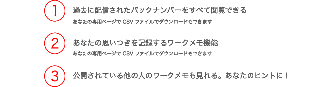 1.過去に配信されたバックナンバーをすべて閲覧できる 2.あなたの思いつきを記録するワークメモ機能 3.公開されている他の人のワークメモも見れる。あなたのヒントに！